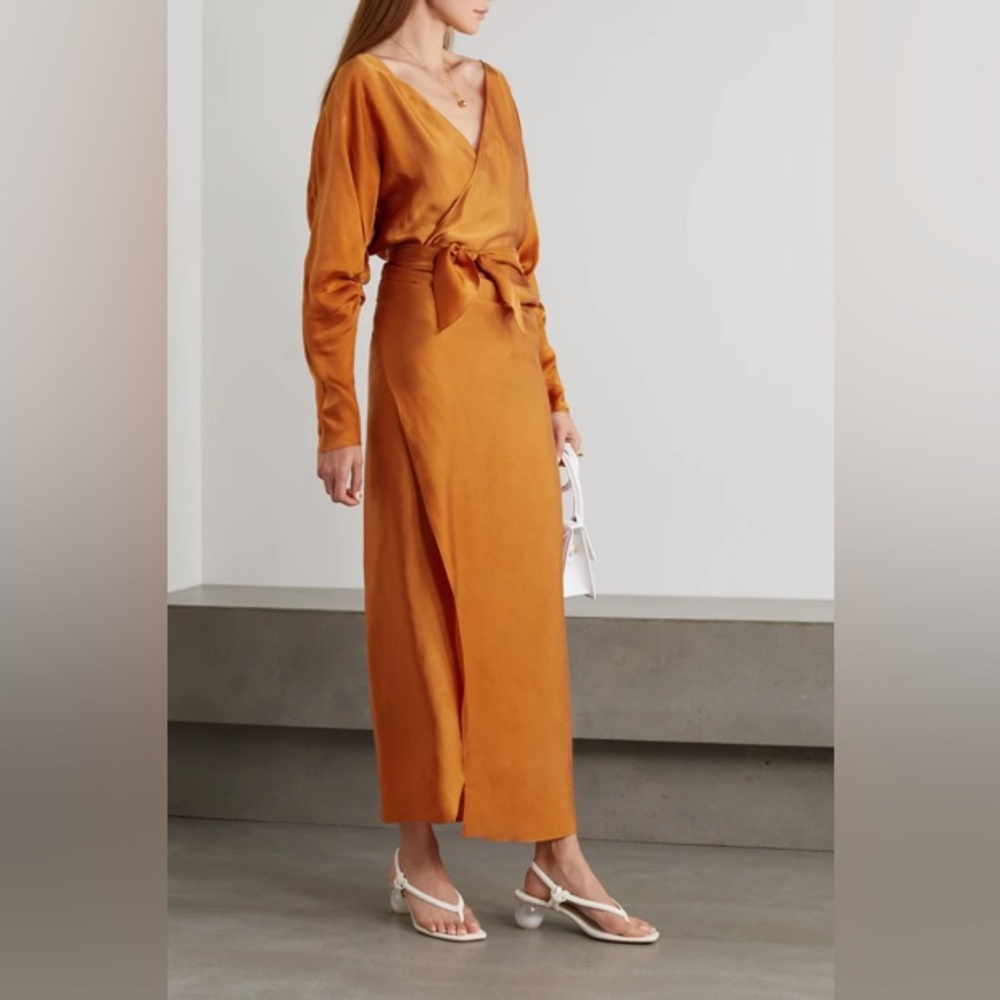 【Sold】Cortana Net Sustain Tucan Cupro-satin Wrap Dress - Orange